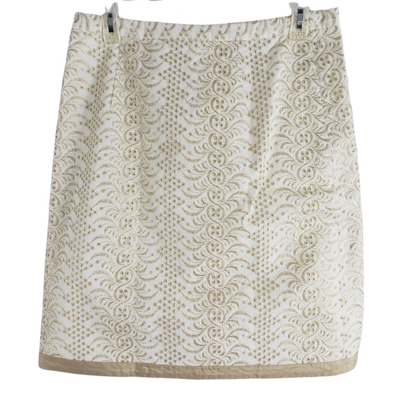Banana Republic Pencil Skirt Size 6 Embroidered Gold Metallic Accent Ivory - Picture 4 of 8